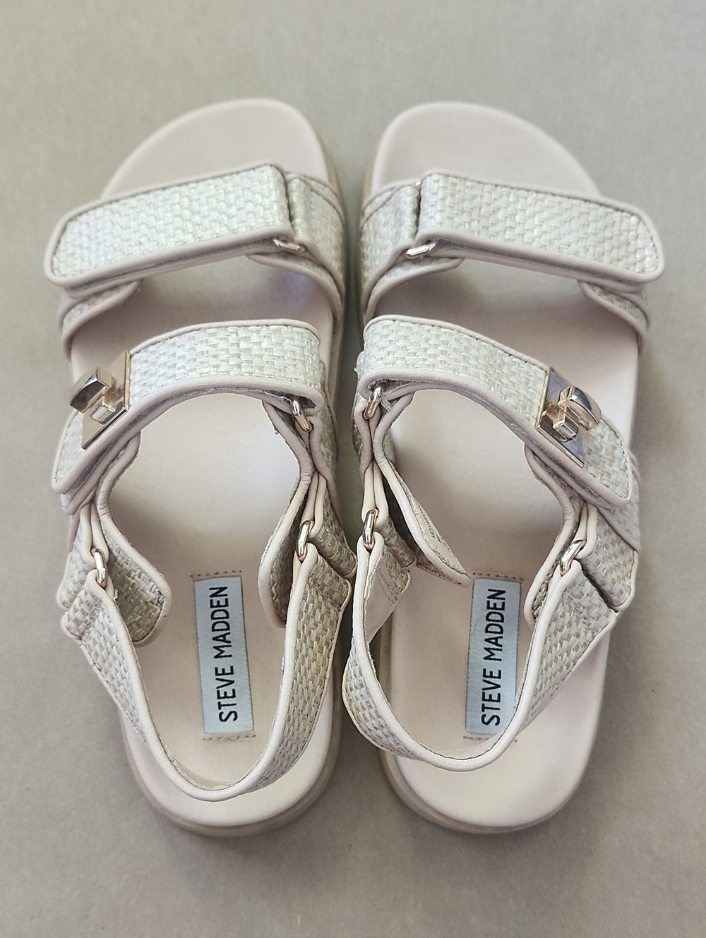 Steve Madden Woman's Rafia Textured Strap Sandals- Tan and Gold Size 8